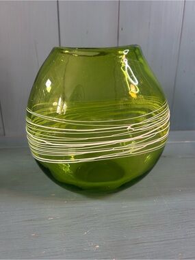 Vintage 1960’s Mid-Century Modern Green Glass Vase with White Swirl Accent